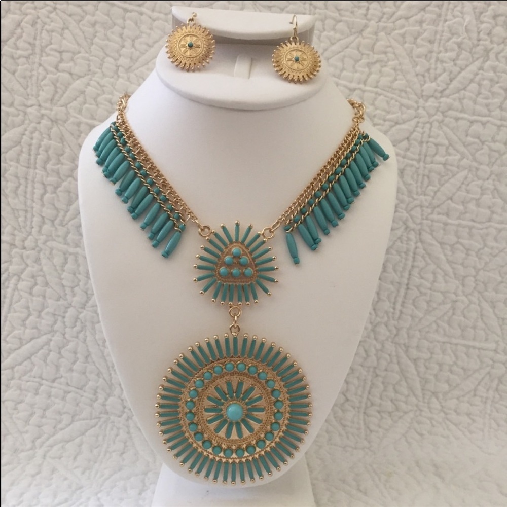 Clearance Unique Teal Turquoise Gold Y Jewelry Set